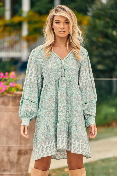 Jaase – Leo Mini Dress: Mint Paisley Print