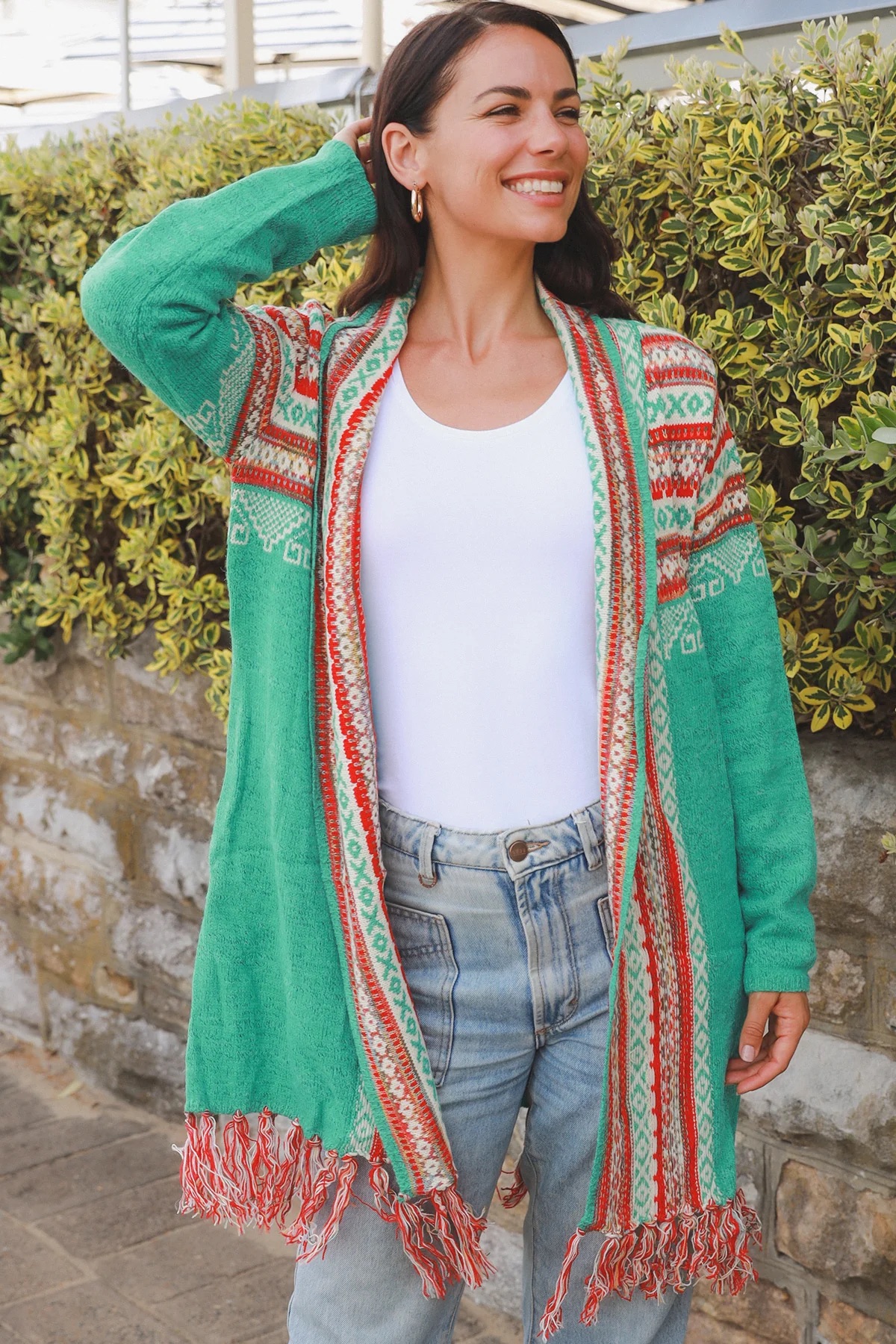 Kardigan - zelený s třásněmi