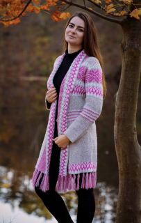 Růžovo-krémový etnický kardigan s třásněmi